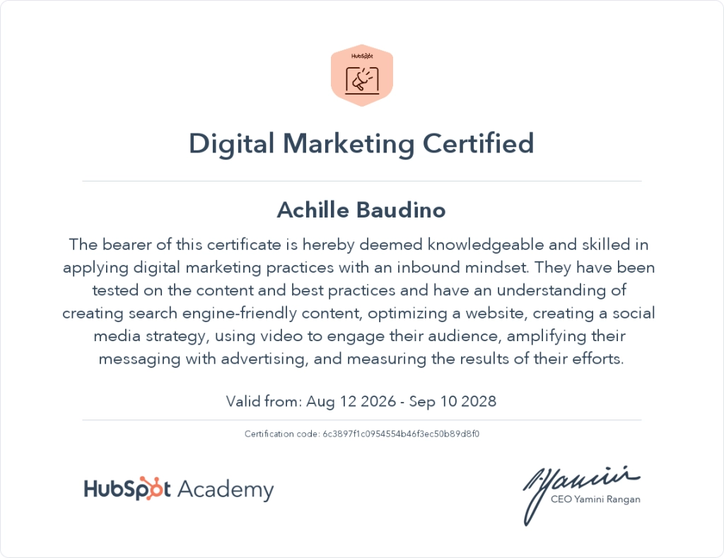 Certificato Hubspot 2026