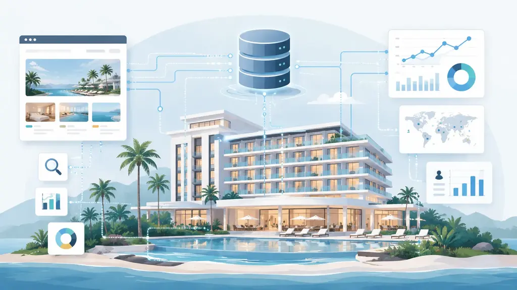 Illustrazione di un hotel con architettura dati SEO e analytics collegata a Google Search Console, GA4, BigQuery e dashboard