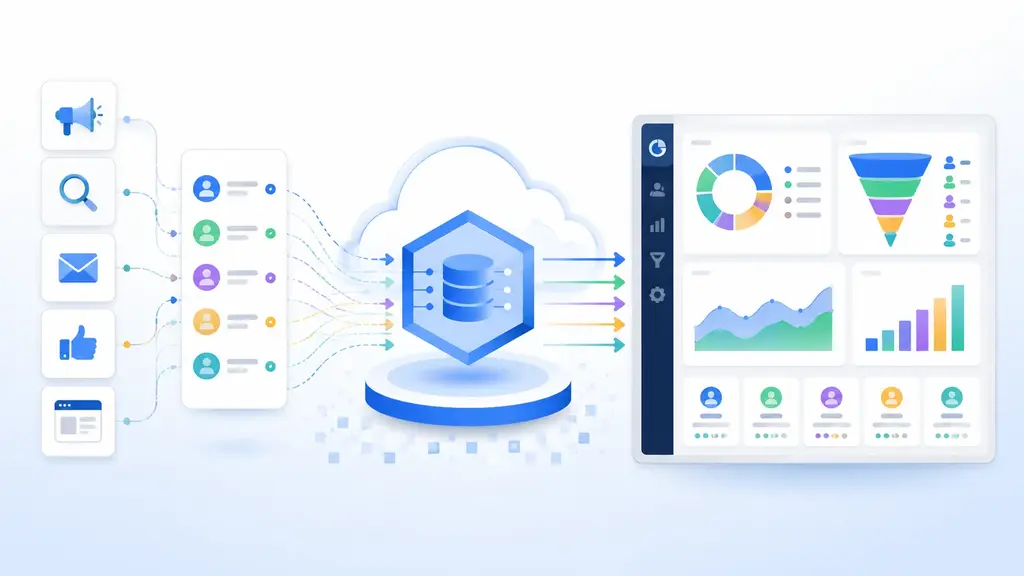 Illustrazione di un flusso dati verso BigQuery con dashboard marketing per analizzare conversioni MQL e SQL