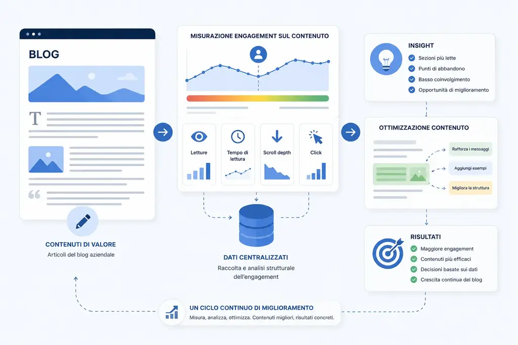 Illustrazione di un blog aziendale con analisi dell’engagement sui contenuti e indicazioni per l’ottimizzazione editoriale