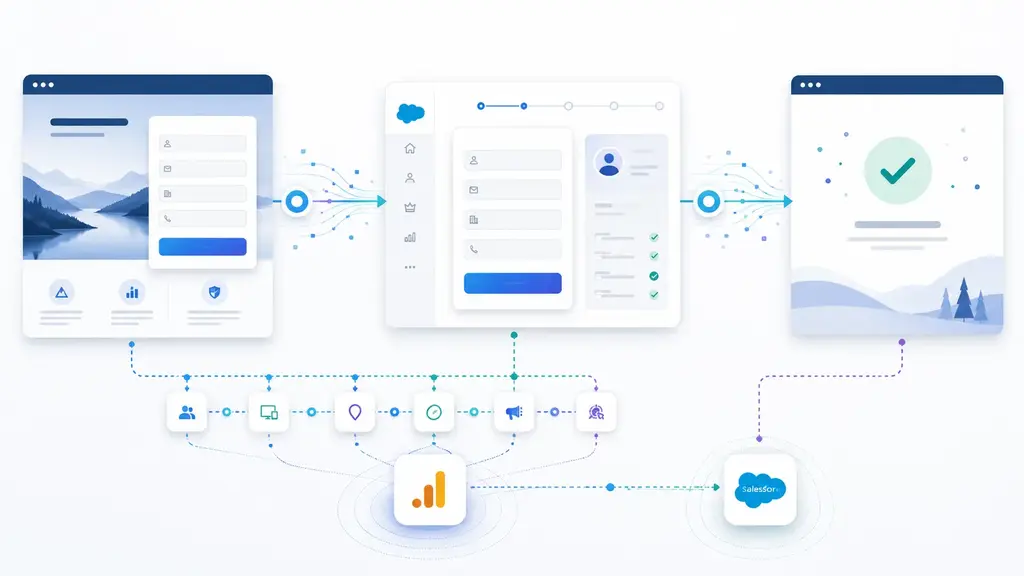 Illustrazione di un flusso dati tra landing page, form esterno, Google Analytics 4 e Salesforce