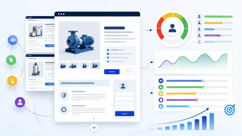 Illustrazione di schede prodotto di un sito lead generation con indicatori di engagement e punteggio di qualità della visita