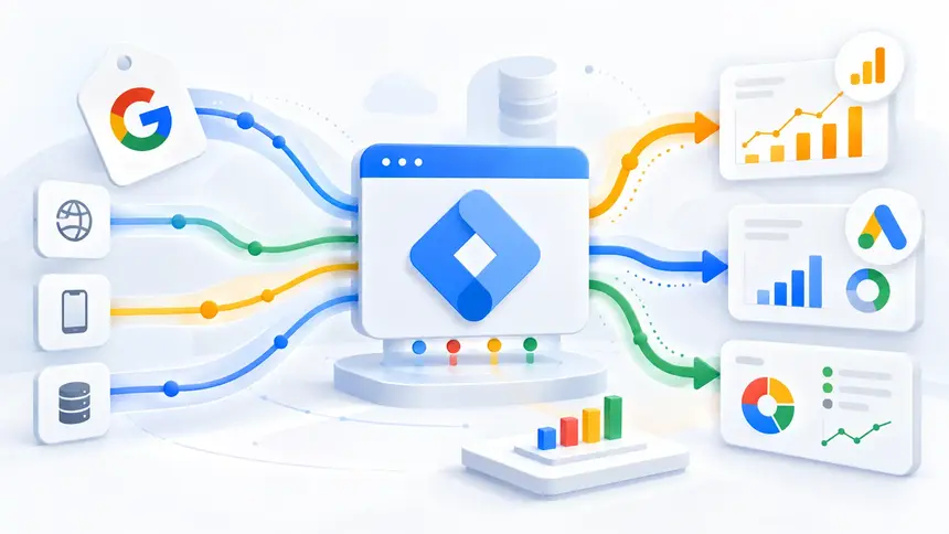 Illustrazione di Google Tag Manager come hub centrale che distribuisce dati verso Google Analytics, Google Ads e altre destinazioni Google